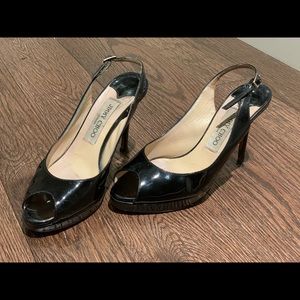 Jimmy Shoe Glossy Black Peep Toe Heels